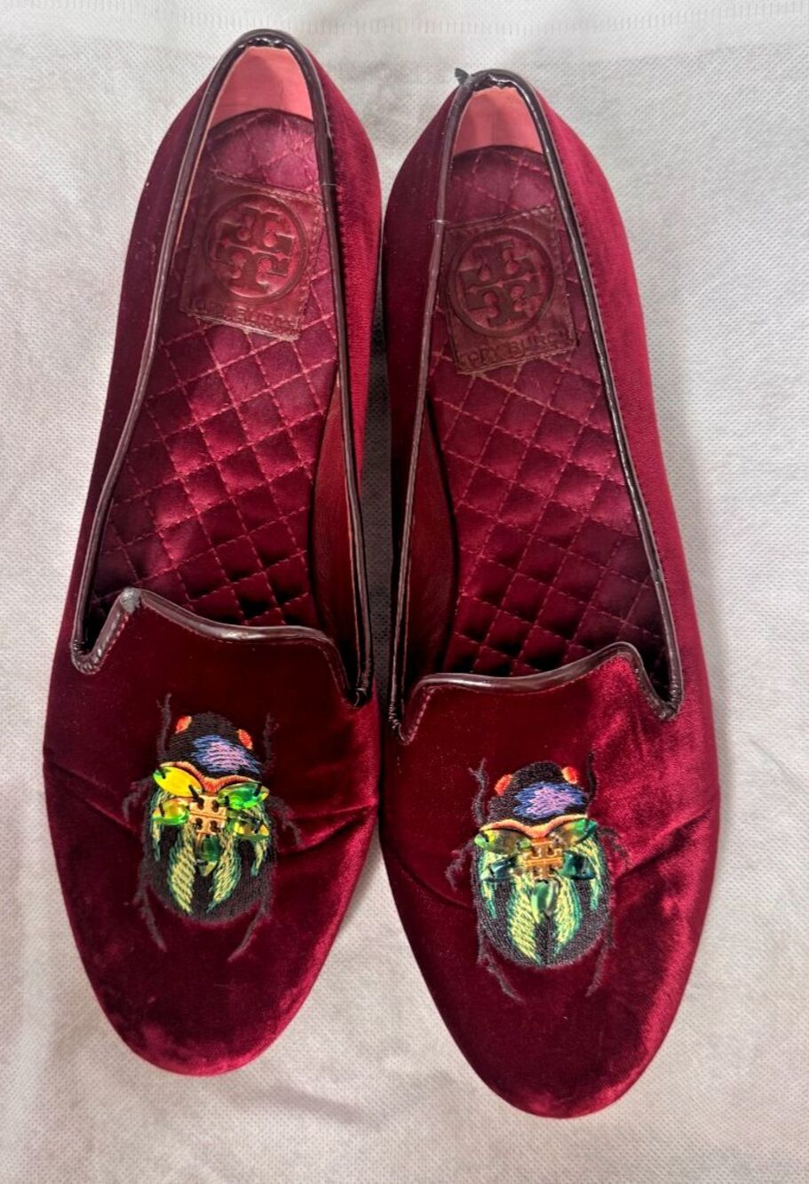 Tory Burch Burgundy Easton embroidered Velvet Beetle Loafers US 9.5 - Picture 2 of 16